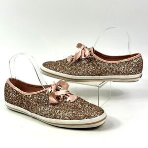 Keds Kate Spade Glitter Lace Up Sneakers Womens 9.5 Rose Gold Ribbon Shoe Flats